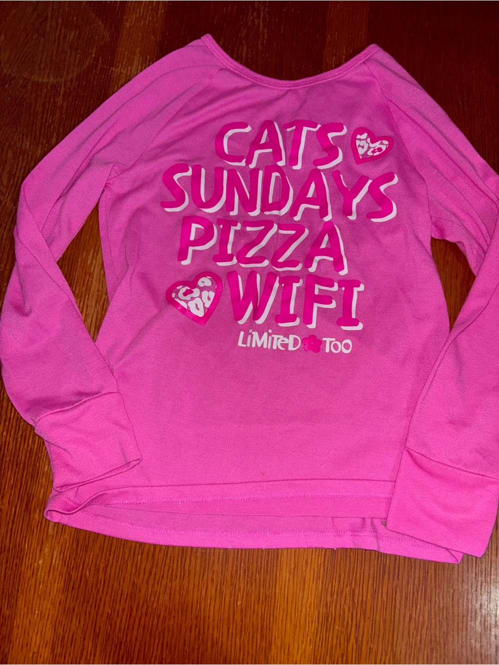 Limited Too Bright Pink Graphic Long Sleeve Shirt - Cats Sundays Pizza Wifi